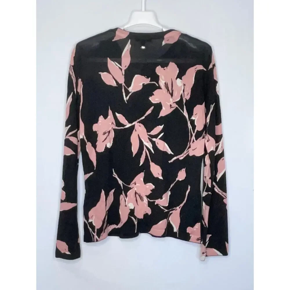 Escada Black Pink Floral Wool Silk Button Front Cardigan Size Medium